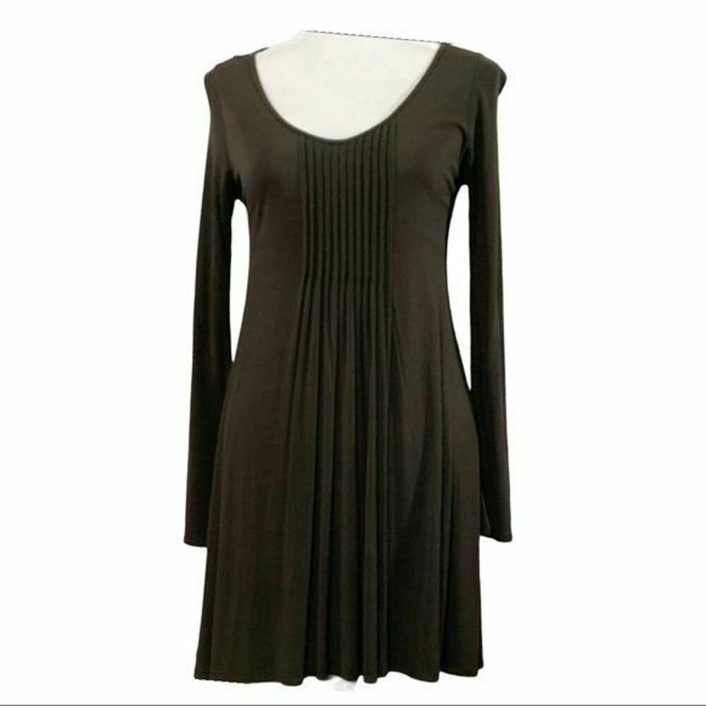 Eileen Fisher women pintuck pleated green 100% silk dress sz xs long sleeve